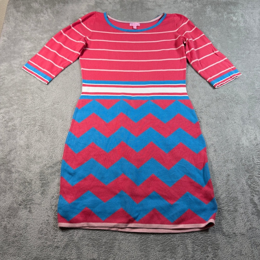 Lilly Pulitzer Lindsey Sweater Dress Women XL Pink Blue Chevron Knit 3/4 Sleeve